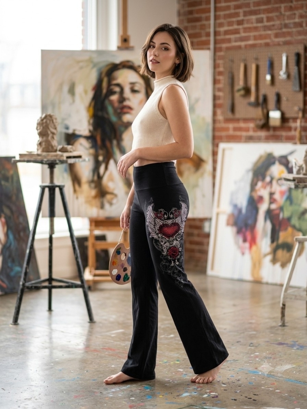 Black Embroidered Flare Pants with Heart & Rose Motif